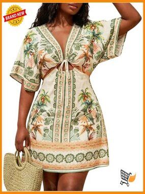 Plus Size Tropical Short Dress Deep V Neck Cut Out Dolman Sleeve